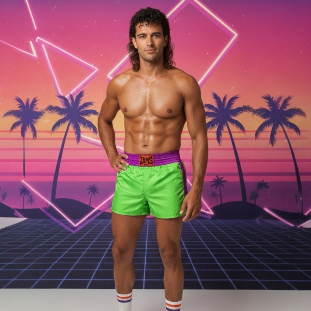Vintage Jams World Neon Green & grape Purple Boxers Jam Boxer Boxing Shorts Sz L